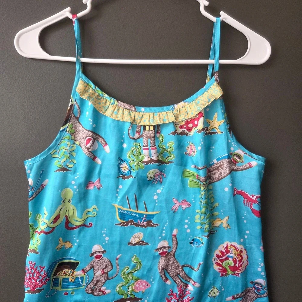 Nick & Nora Girls XL 16 Scuba Sock Monkey Under the Sea Nightgown Turquoise Blue